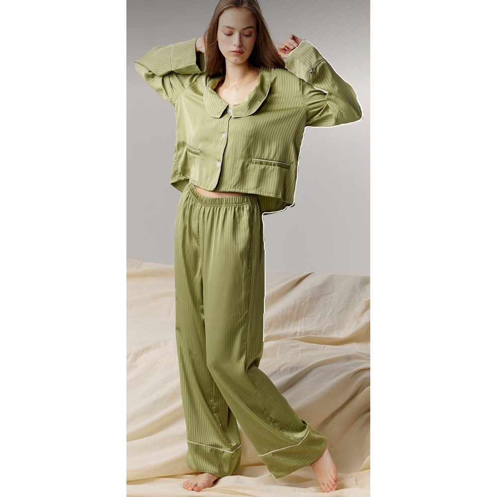 Women's Satin Stripe Pajama Set - Olive Green